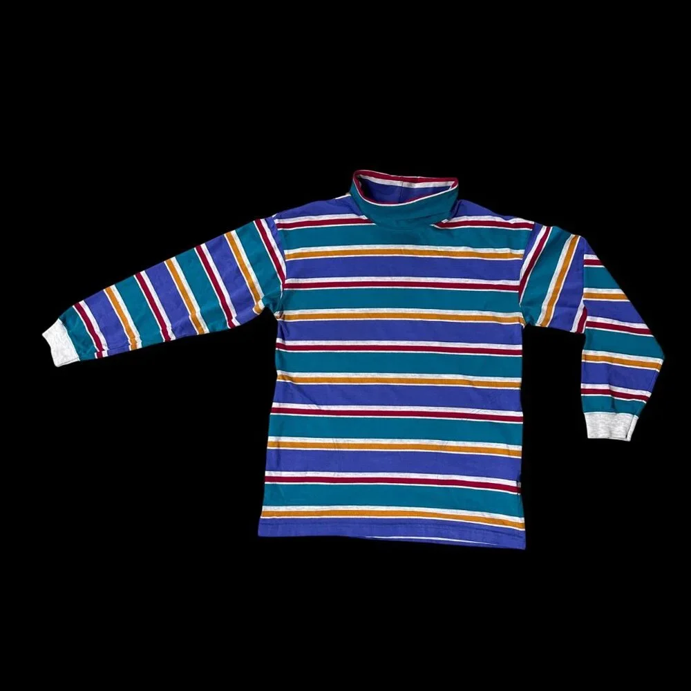 Vintage Striped Turtleneck Long Sleeve Shirt Pockets Medium French Navy USA 90s - Picture 2 of 13